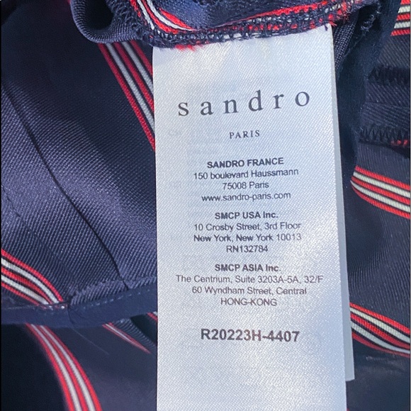 Sandro Deep Navy Blue Striped Respect Satin Dress - Picture 12 of 12
